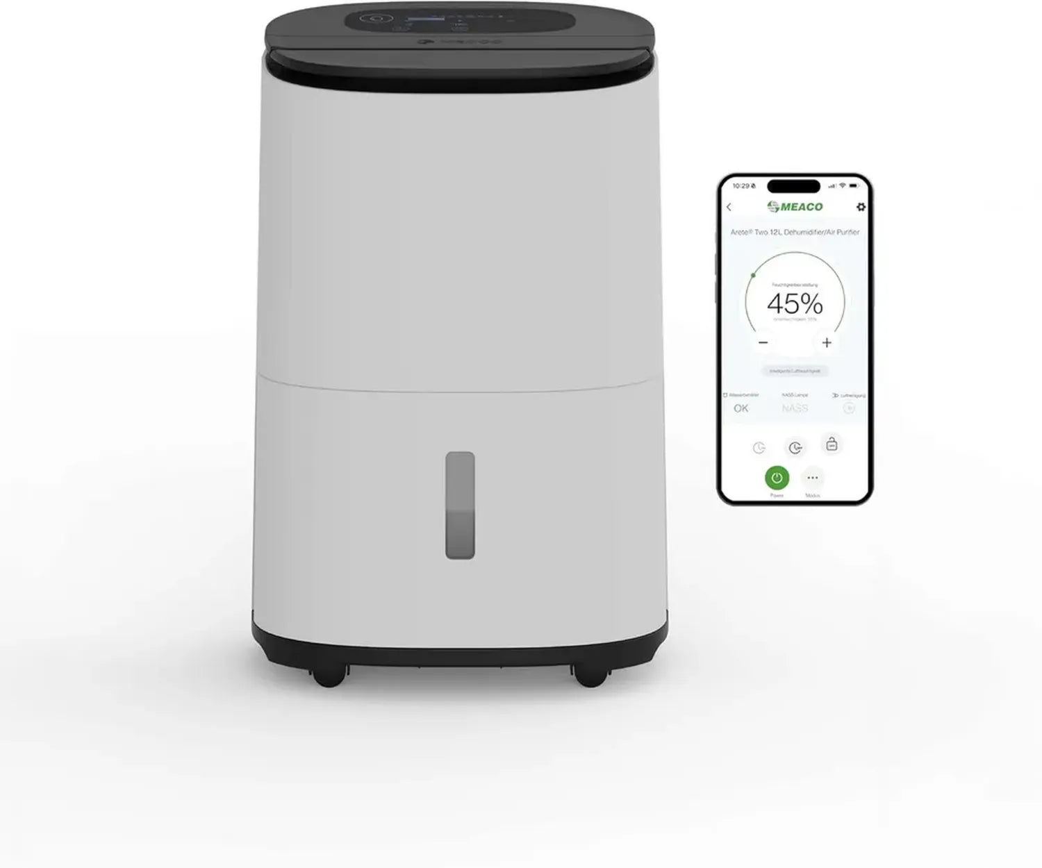 MeacoDry Arete® Two 12L Entfeuchter mit HEPA-H13 Filter, WLAN-App, Intelligente Feuchtigkeitskontrolle, Wäschetrocknung, Energiesparend, Flüsterbetrieb, 5 Jahre Garantie